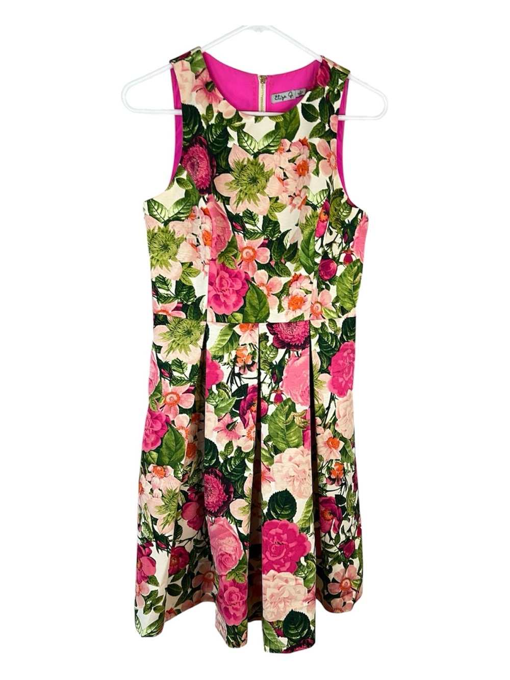 Eliza J Pink & Green Floral Sleeveless Fit-and-Flare Dress